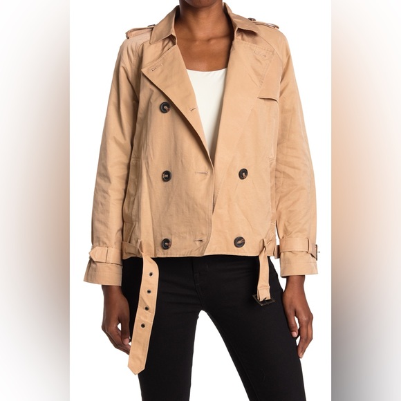 BELLE & BLOOM Cool Nights Water Resistant Cropped Khaki Trench Coat Size Small - Picture 2 of 11